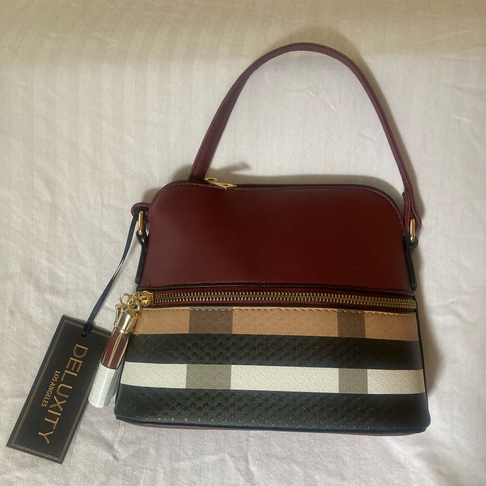 Burgundy and Multicolor Plaid Vegan Leather Crossbody Bag - Picture 2 of 16